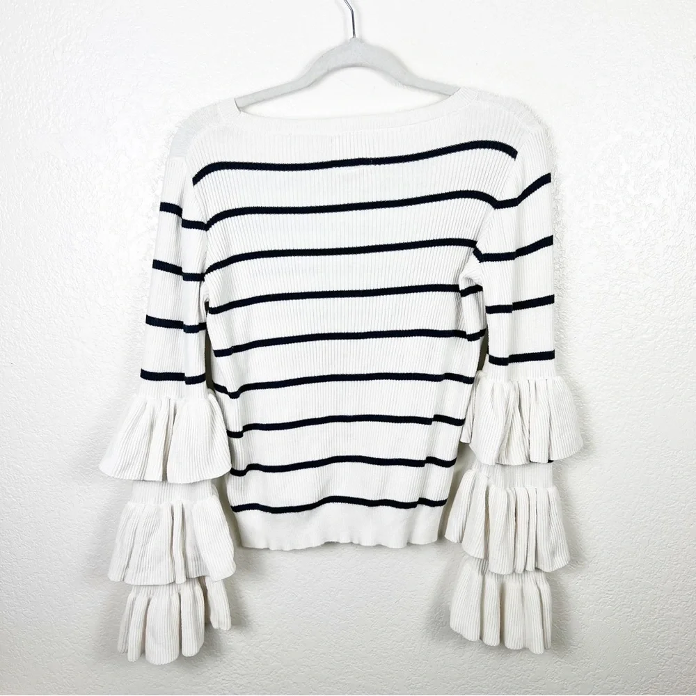 Chaser Ribbed Navy Cream Striped Tiered Ruffle Sleeve Sweater Cotton Size Medium